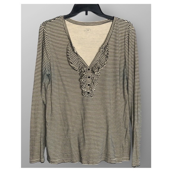 LOFT Tops - LOFT Black & Tan Striped V-Neckline Long Sleeve Ruffle Cotton Top L